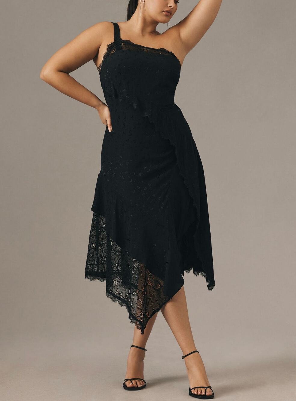 NWT Anthropologie One Shoulder Black Lace Asymmetrical Viscose Dress